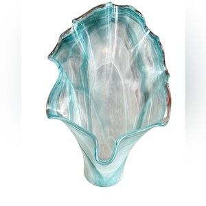 Large Murano art glass handkerchief ruffle vase teal blue white swirl Italy